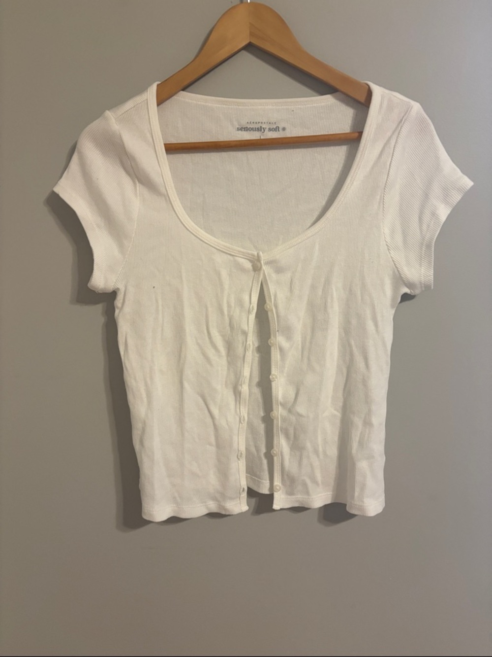 aerie White Short-Sleeve Button Front Scoop Neck Top